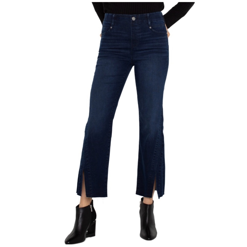 High-Waist Dark Blue Split-Hem Wide Leg Jeans